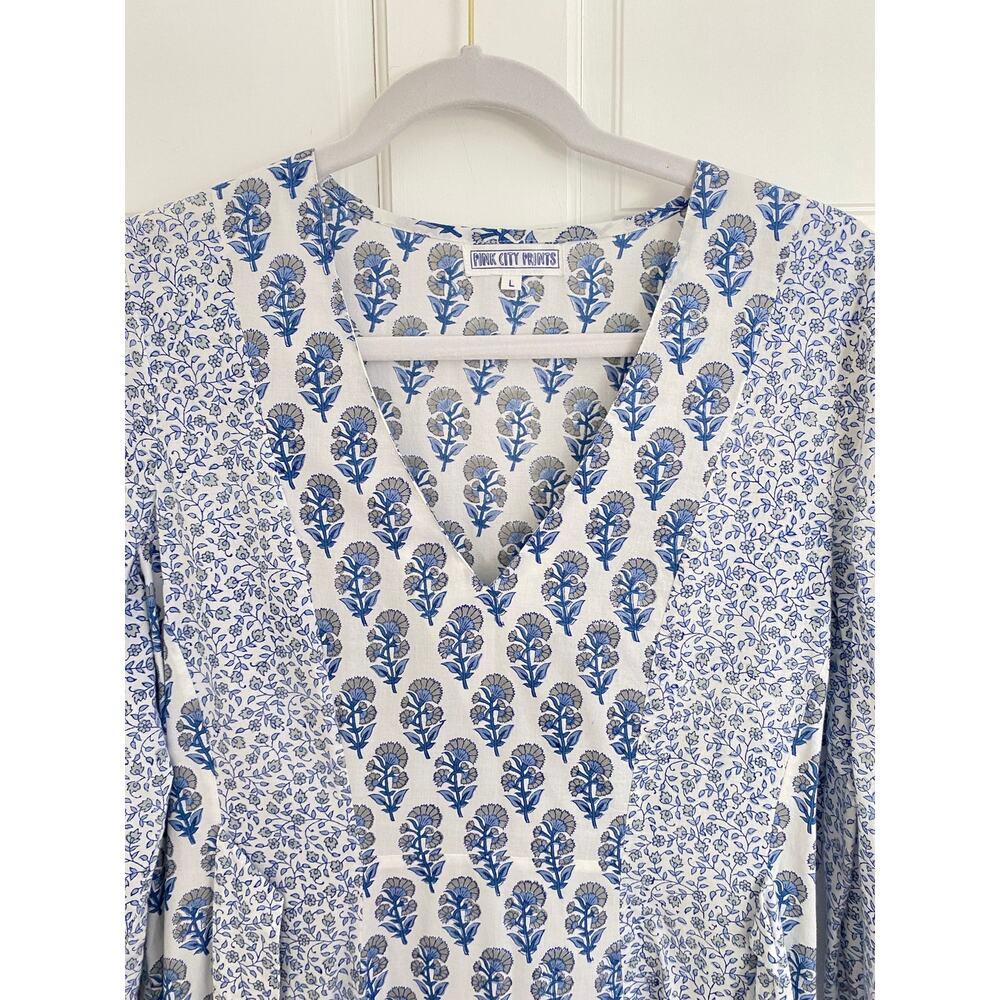 Pink City Prints Tuckernuck Bahama Midi Dress Sky Blossom Blue White Tie Waist L - Picture 7 of 11